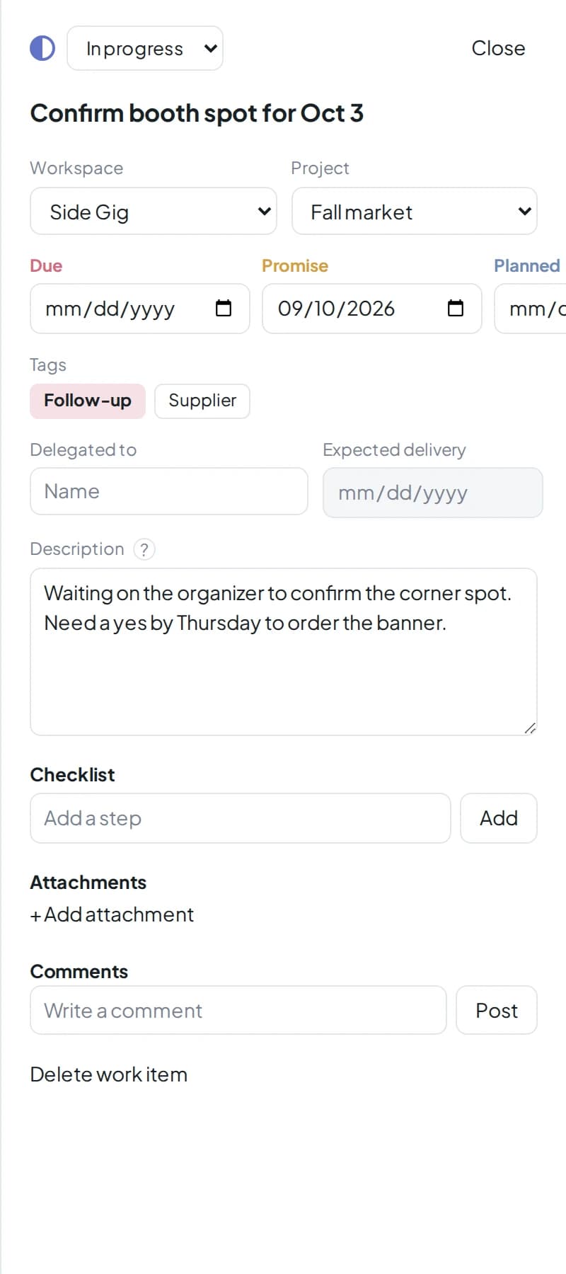 Detail drawer with status, dates, tags, delegation, description, checklist, attachments, and comments