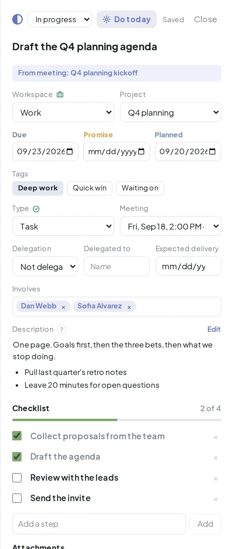 Detail drawer with dates, tags, type, meeting link, delegation, the people involved, description, and checklist