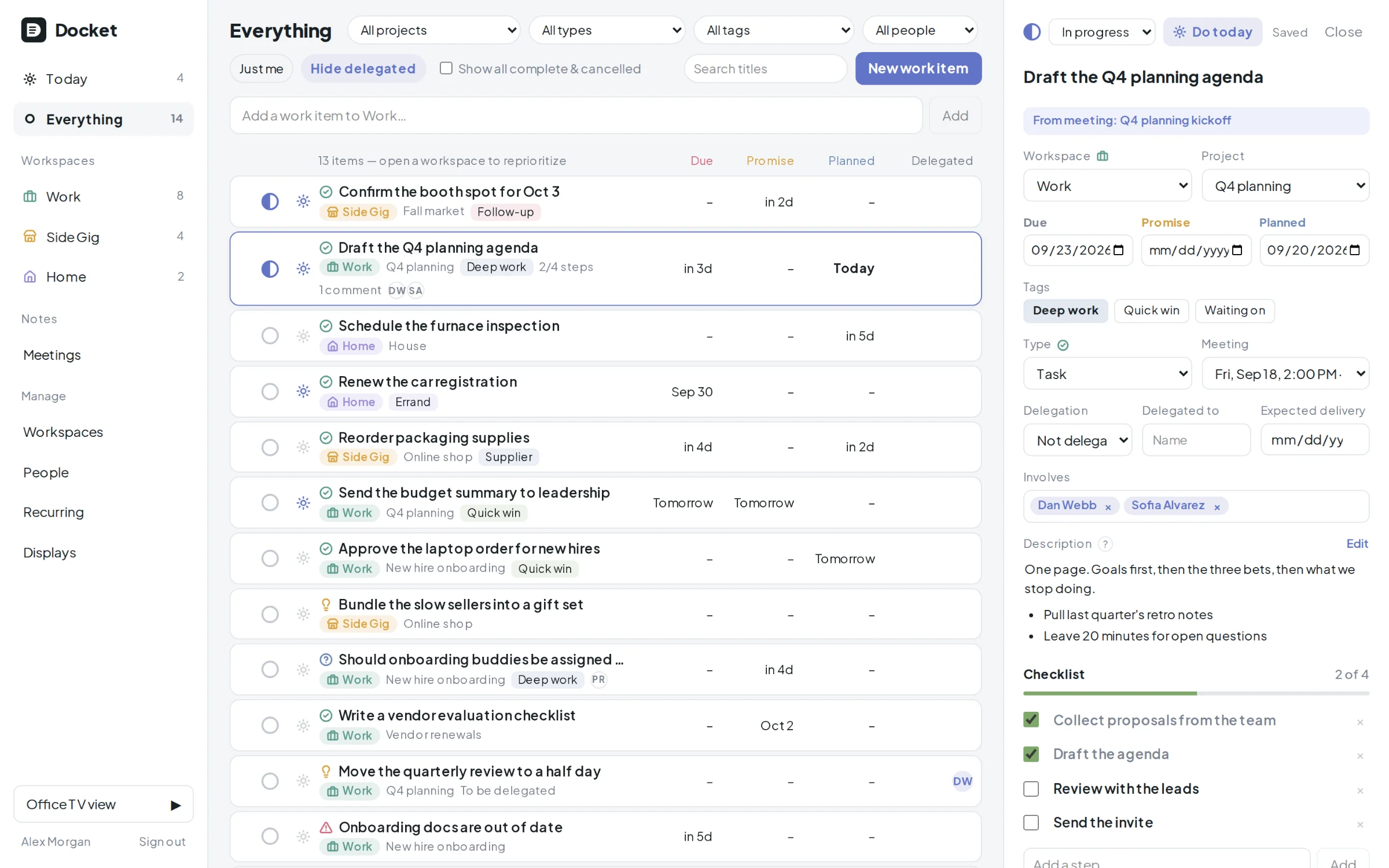 The Docket app: Today and three workspaces in the sidebar, a list of work items with Due, Promise, and Planned columns, and one item open in the detail drawer
