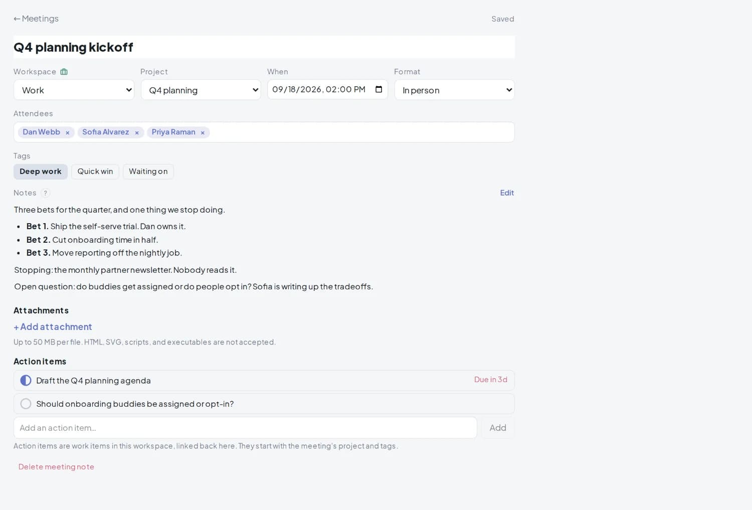 A meeting note with attendees, tags, Markdown notes, attachments, and two action items linked to work items