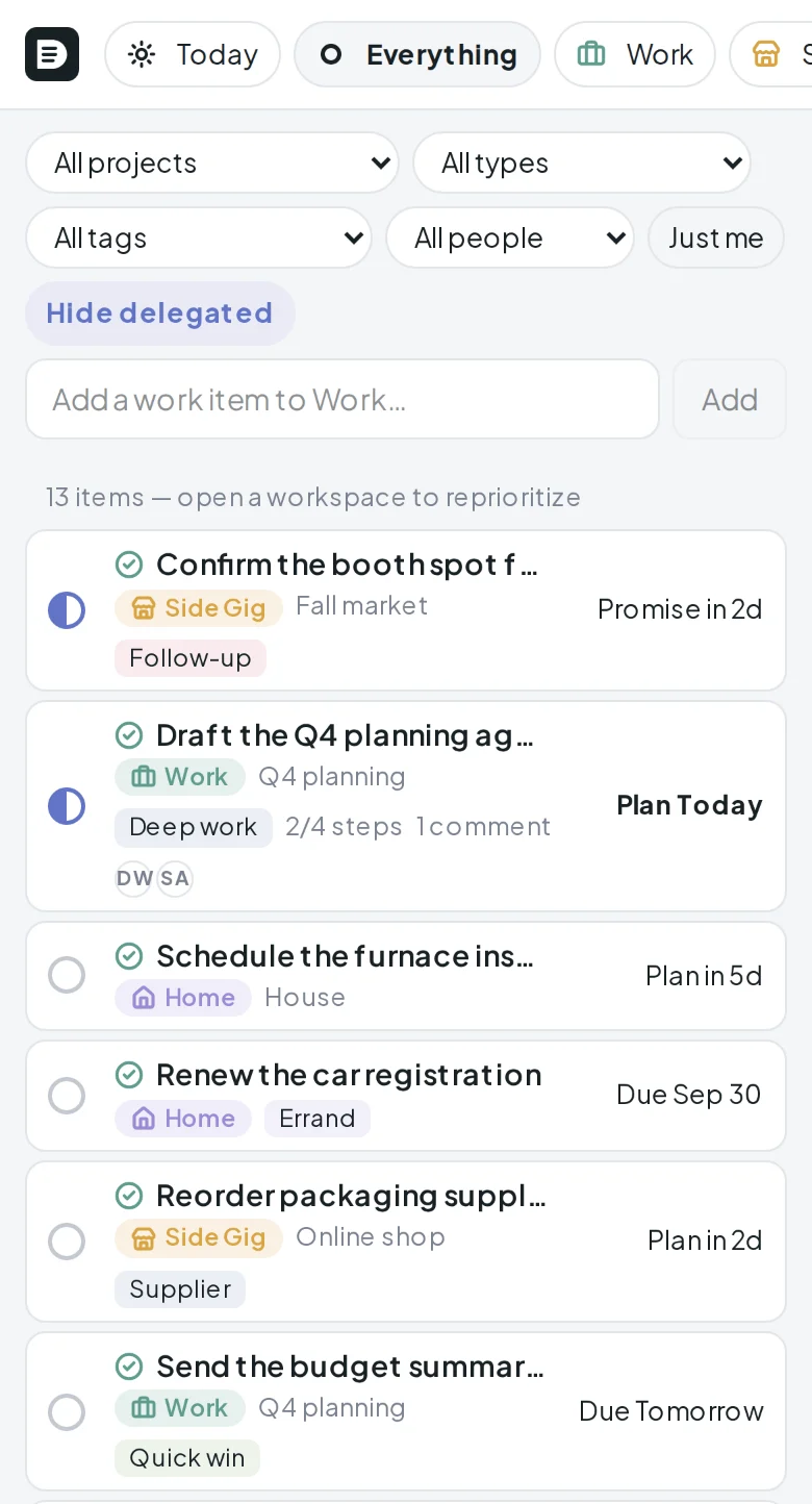 The Docket list on a phone, with workspaces as chips and one labelled date per row