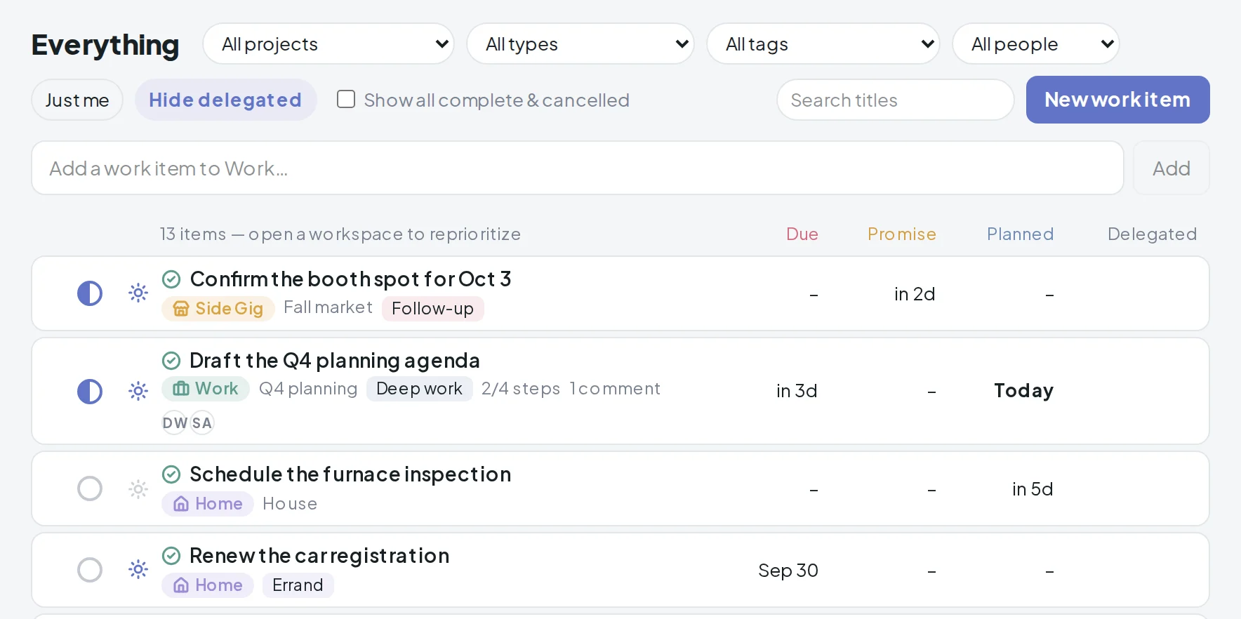 Quick add input reading “Add a work item to Work…” above the filter row