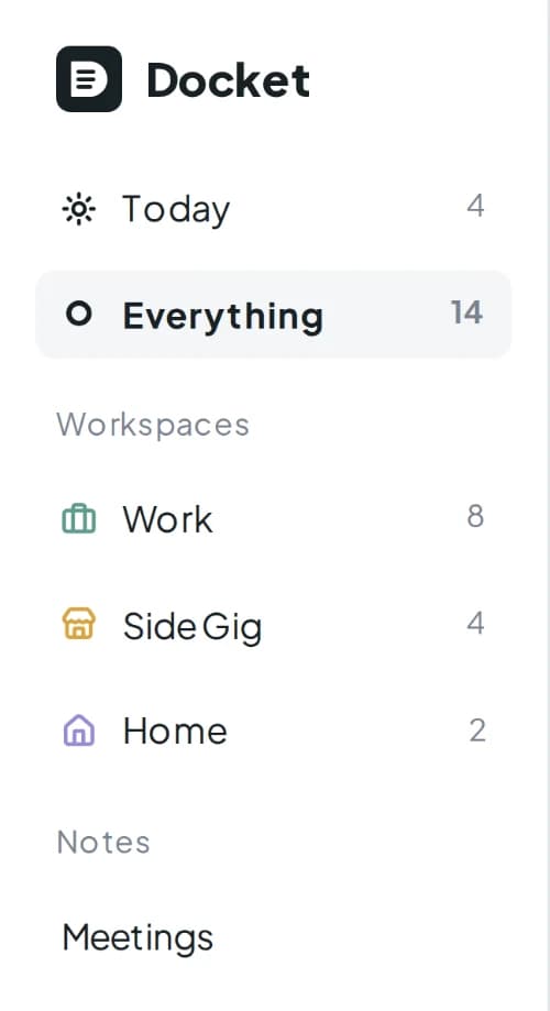 Sidebar with Today, Everything, and three workspaces: Work, Side Gig, Home