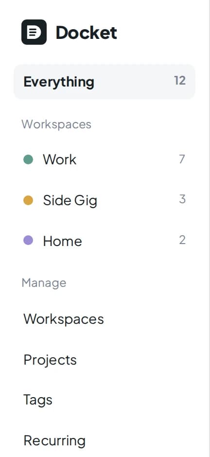 Sidebar with Everything and three workspaces: Work, Side Gig, Home