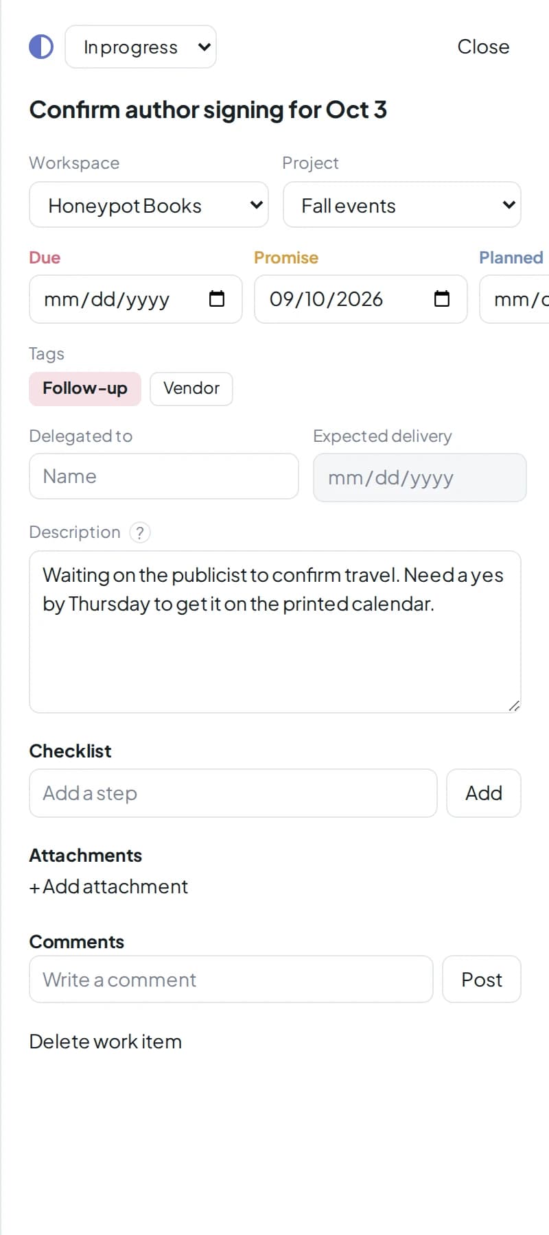Detail drawer with status, dates, tags, delegation, description, checklist, attachments, and comments