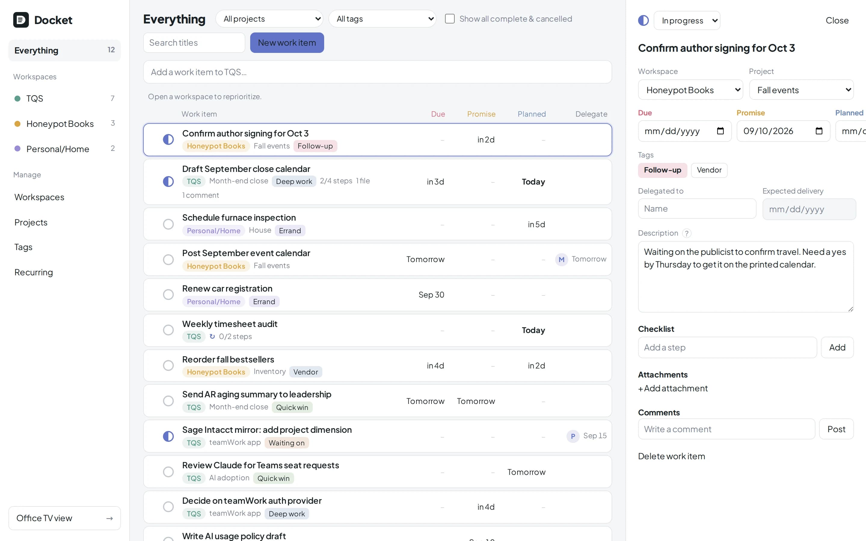 The Docket Everything view: three workspaces in the sidebar, a list of work items with Due, Promise, and Planned columns, and one item open in the detail drawer