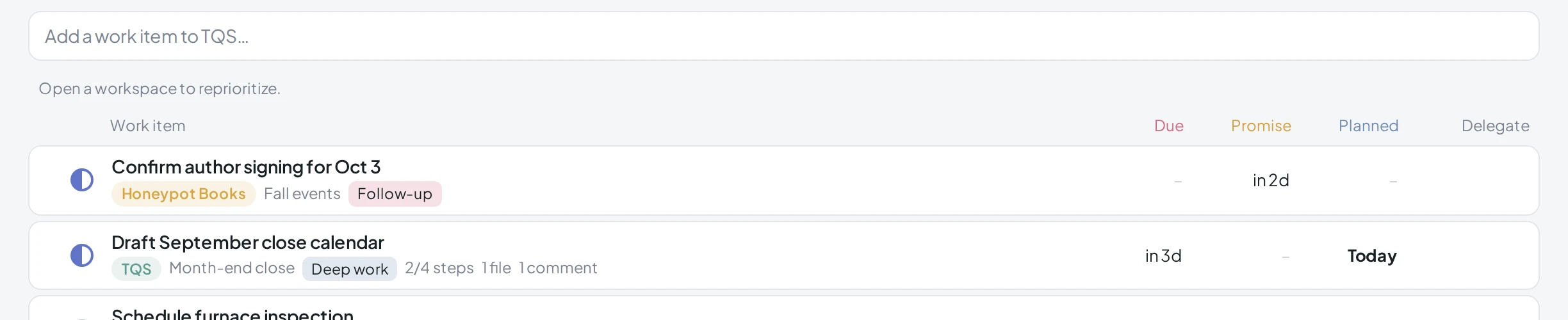 Quick add input reading “Add a work item to TQS…” above the first rows of the list