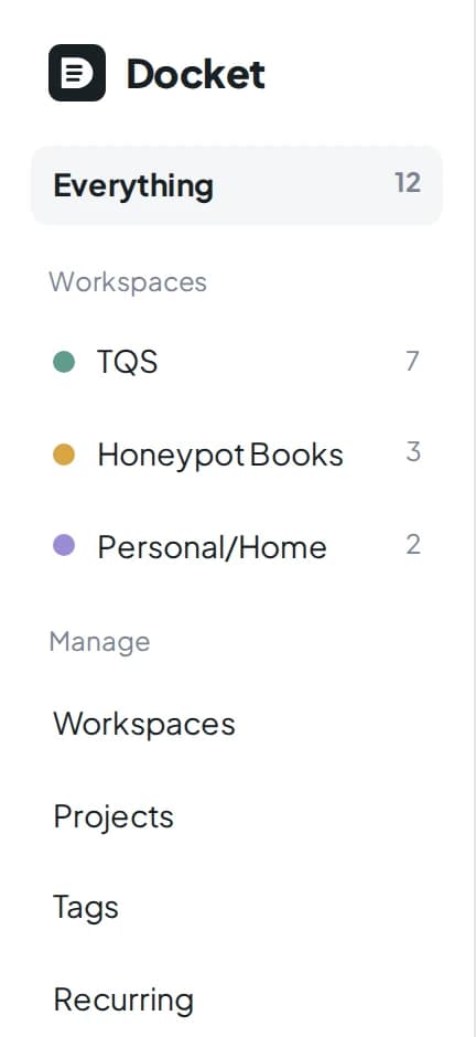 Sidebar with Everything and three workspaces: TQS, Honeypot Books, Personal/Home